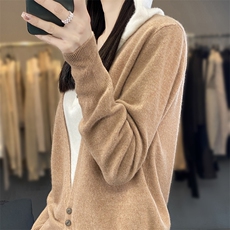 2023春季女装新款连帽假两件纯羊毛针织衫休闲韩版毛衣薄款上衣，女装羊毛衫，绒汀羊绒
