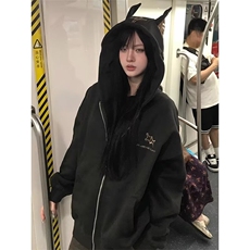 2024不计后果德文猫杜宾犬连帽加绒卫衣女秋冬美式复古狗耳朵外套，男装卫衣，星座506A