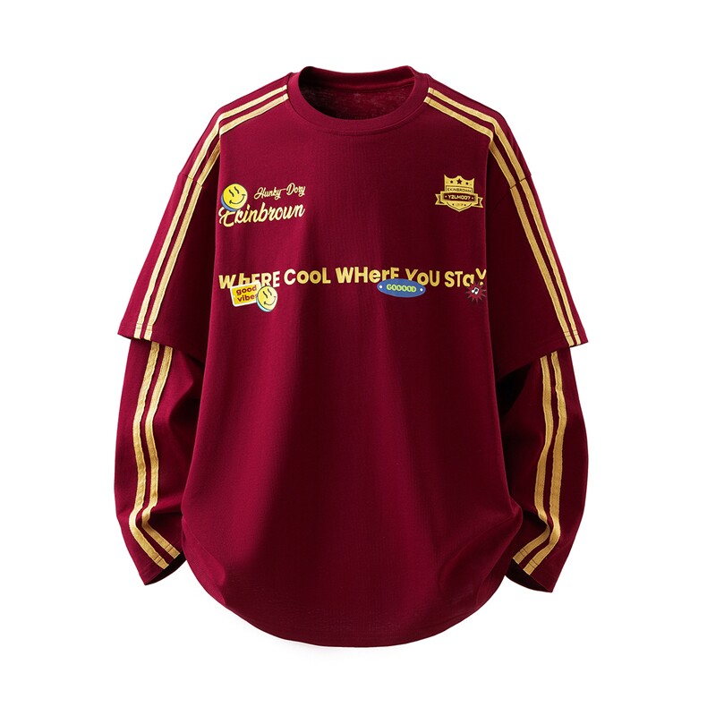 立体白底印花假二件袖子织带设计大码M-5XL长袖T恤CT78105P45控68，男装T恤，星座227-7