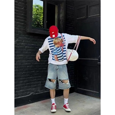 美式复古浅蓝破洞牛仔裤宽松痞帅直筒夏季潮牌短裤五分裤休闲裤子，男装牛仔裤，星座218-1（原230）