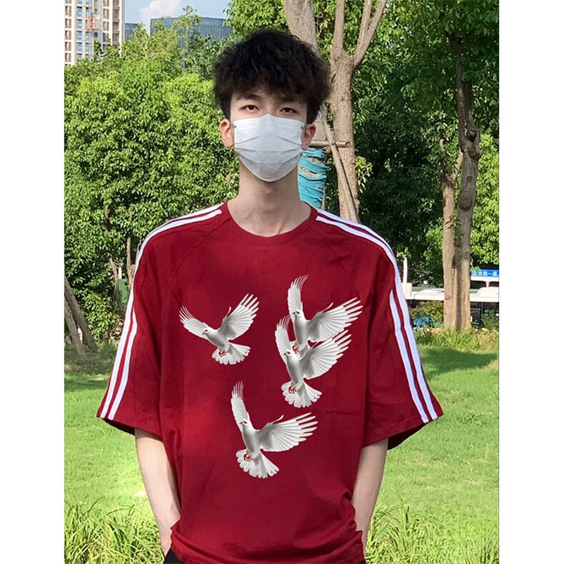 抖音得物高品质二开240克宽松纯棉美式潮牌三条杠织带短袖T恤,男装T恤,电商A486-1