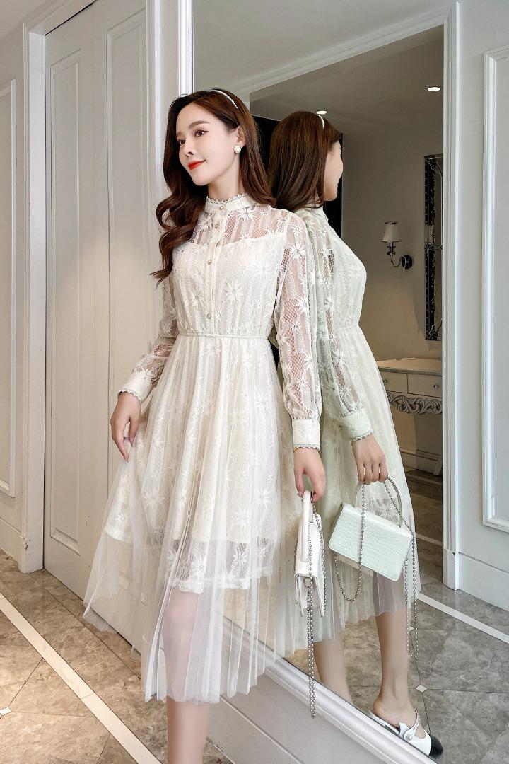 现货2021秋装新款百搭蕾丝连衣裙M-XXL,女装连衣裙,艾涵o
