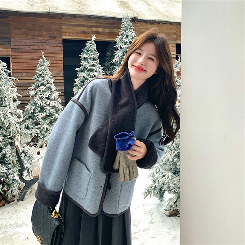 新款有货撞色减龄双面呢外套配围巾2C010-2568-P185-K278,女装短外套,2C010