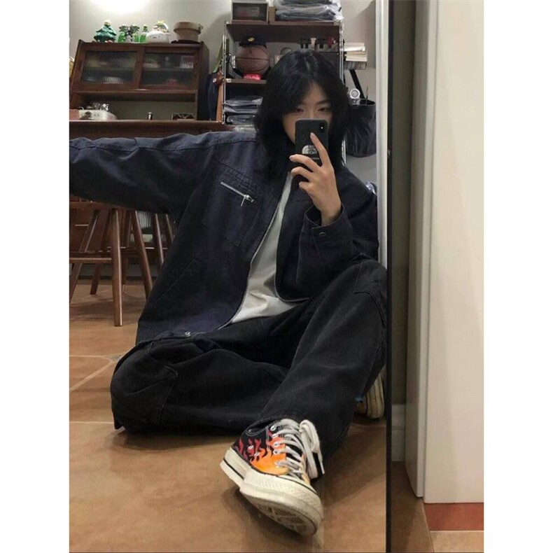 古着vintage帆布水洗外套男春季美式复古短款立领哈灵顿工装夹克,男装夹克,四季星座505