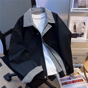 复古格纹拼接假两件棉服外套男女春秋冬季保暖棒球服夹克翻领图片