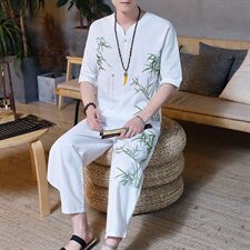 夏季中国风亚麻套装男士大码棉麻唐装汉服禅服短袖两件套HS01-P45，男装T恤，星座509