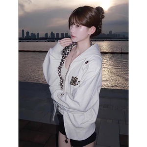 小恶魔豹纹贴布连帽拉链外套美式宽松男女卫衣图片