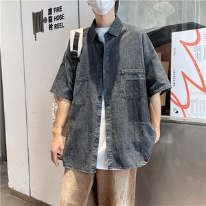 牛仔短袖衬衫男夏季薄款七分袖外套ins潮流宽松衬衣 W3247-P48图片