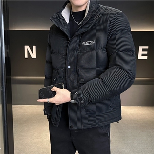 冬季新款男士棉衣PU皮棉袄立领条纹图片