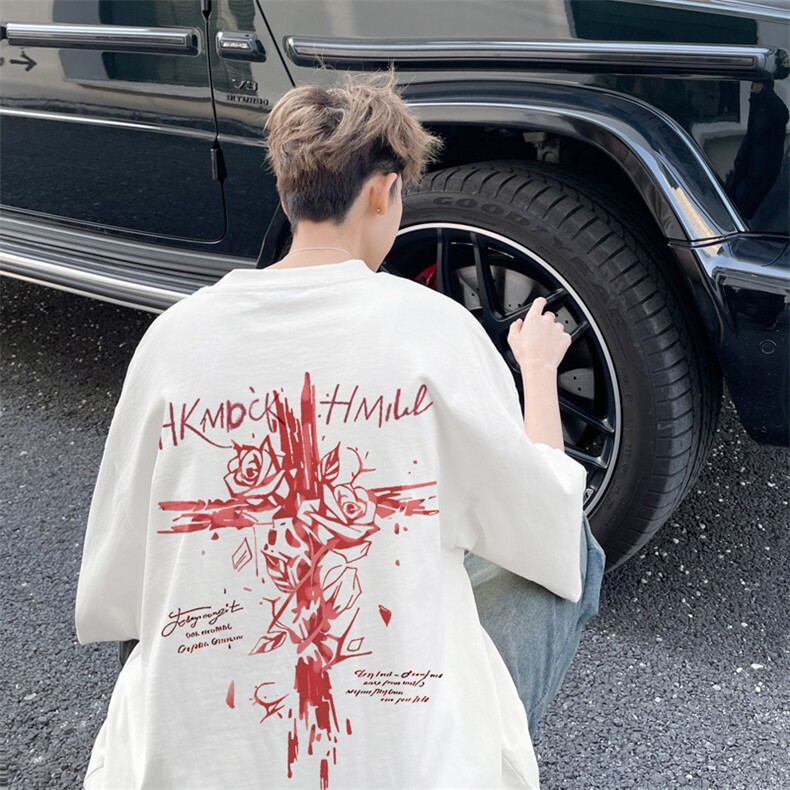 图案已注册夏季重磅复古休闲短袖T恤男潮宽松半袖体恤衫D175/P25，男装T恤，电商B209