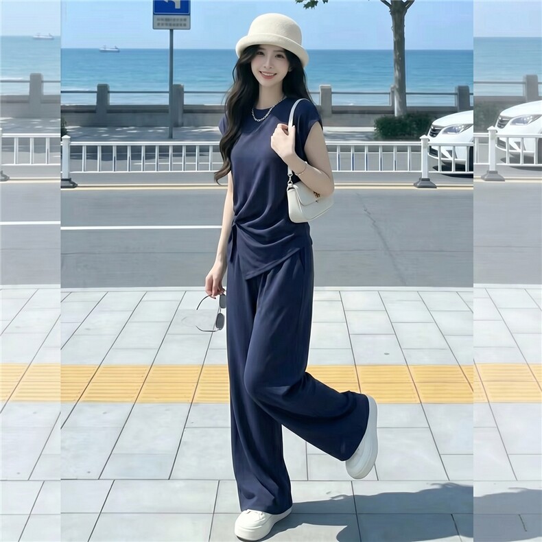 设计感时尚气质套装女夏季款圆领褶皱开叉短袖上衣阔腿长裤两件套,女装套装/套裙,江南