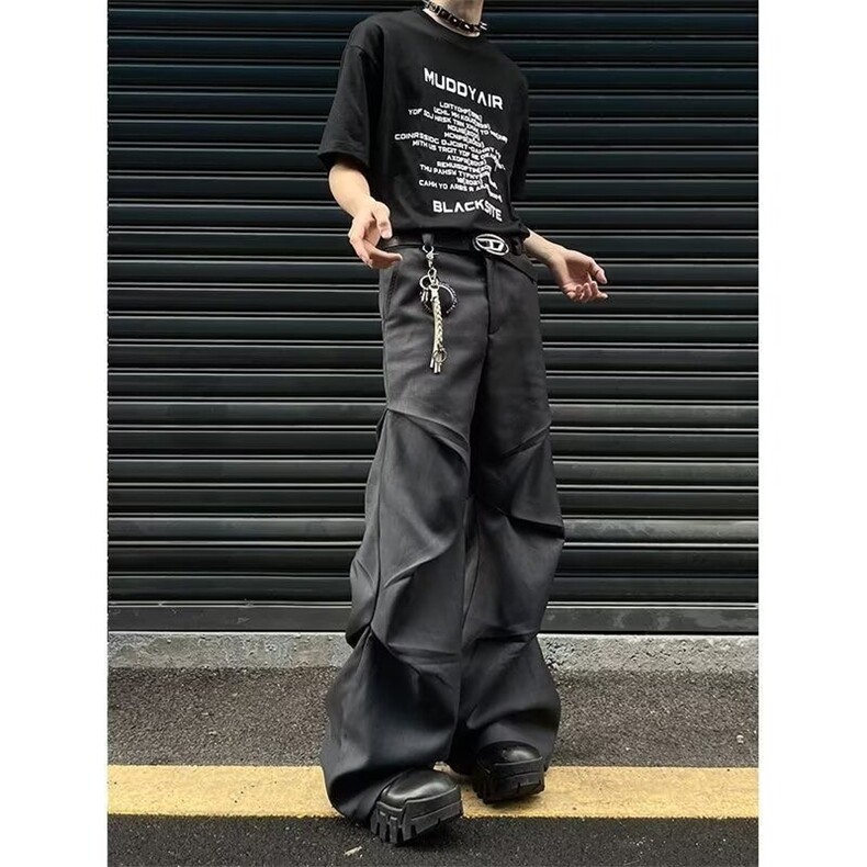 高级感cleanfit裤子男美式潮牌褶皱设计堆叠阔腿裤M144-P36，男装休闲裤，星座1109-4