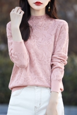 春季新款套头半高领镂空绣花长袖针织衫，女装羊毛衫，朝贺羊绒