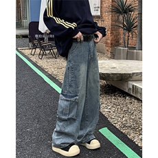 阔腿工装牛仔裤男大口袋宽松裤子水洗复古高街拖地长裤N6110-P55，男装牛仔裤，星座308B-2