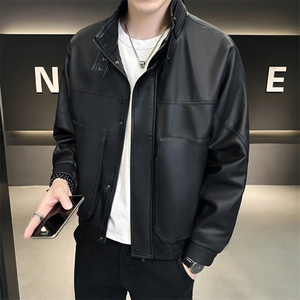 秋新品跨境男装PU皮夹克男士潮流修身机车服皮衣男潮流2307-P95图片