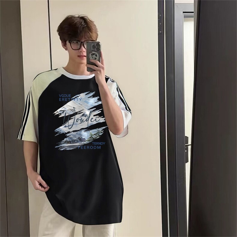 抖音得物品质二开240克宽松纯棉美式潮牌插肩三杠织带短袖T恤，男装T恤，电商A486