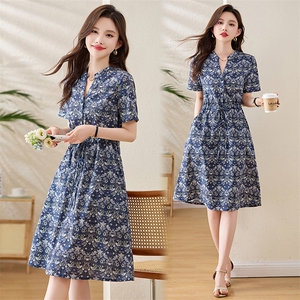 复古印花纯棉短袖连衣裙女夏2025新款文艺气绳收腰碎花衬衫裙，女装连衣裙，姿衣坊