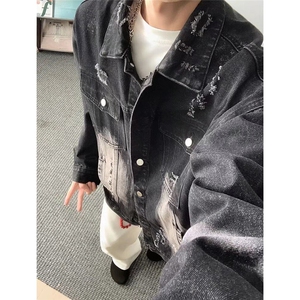 重工美式破洞牛仔外套男女2025春秋高街痞帅牛仔夹克翻领情侣上衣图片