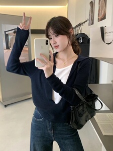 2025年秋季新款百搭女士高级套头高级假两件翻领针织衫图片