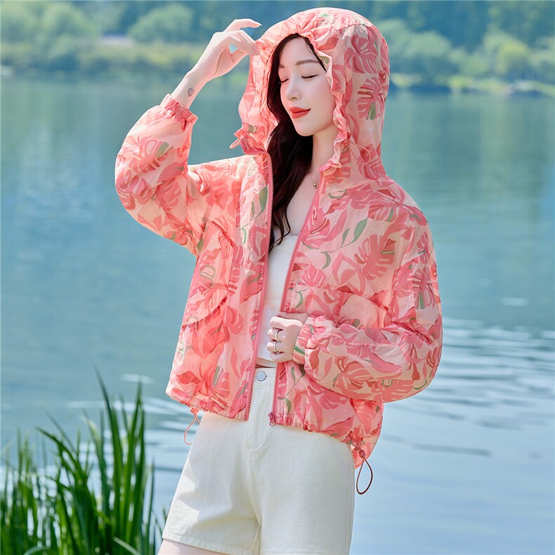 连帽防晒衣女短款2026年夏季新款冰丝薄款时尚印花透气防晒服外套,女装防晒衣,梦懿尔
