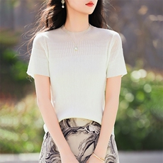 2025夏季新款薄款镂空半高领网纱蕾丝领短袖冰丝针织衫修身女上衣，女装针织衫/毛衣，鹿一羊绒