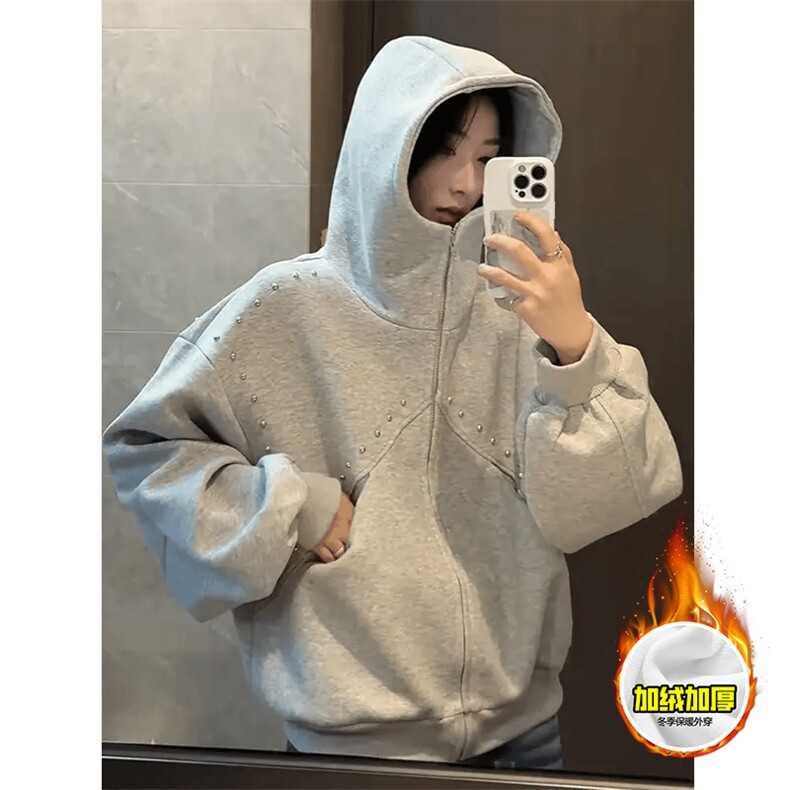 480G重磅加绒硬挺boxy 男女秋冬美式高街卫衣铆钉拼接开衫厚外套图片