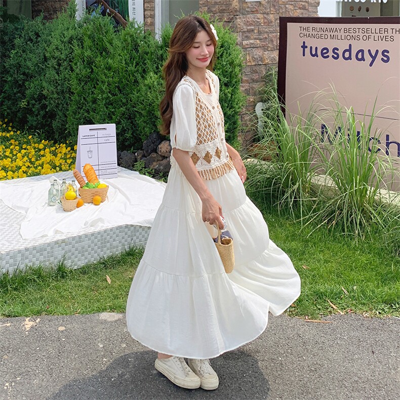 连衣裙温柔风套装2025夏新款女宽松海边度假马甲超好看裙子两件套,女装连衣裙,2C032