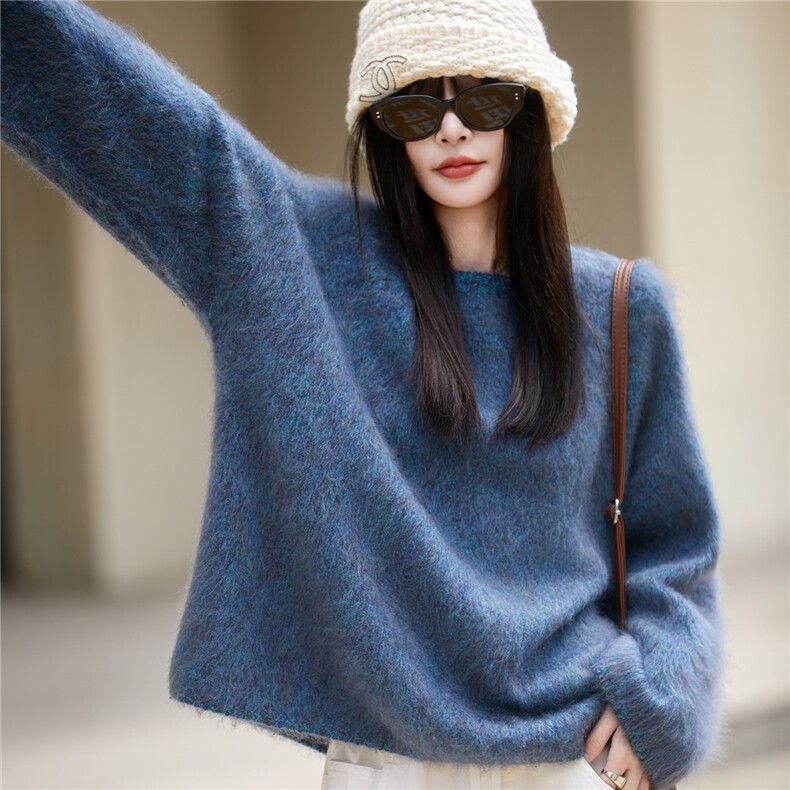 韩系花纱羊毛拉绒宽松慵懒毛衣女2025新款法式无缝一体拉毛羊毛衫,女装羊毛衫,片语羊绒