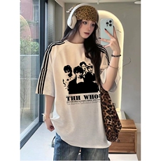 抖音得物品质二开240克宽松纯棉美式潮牌印花三条杠中性风短袖T恤，男装T恤，电商A486-1