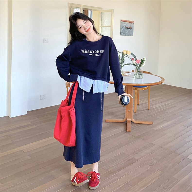 藏青色卫衣套装裙女春2025新款韩版印花长袖上衣A字半身裙两件套图片