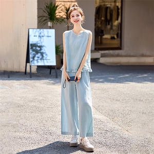 【现货】小香风套装女2025夏新款高级感韩系气质棉麻无袖阔腿裤穿搭一整套图片