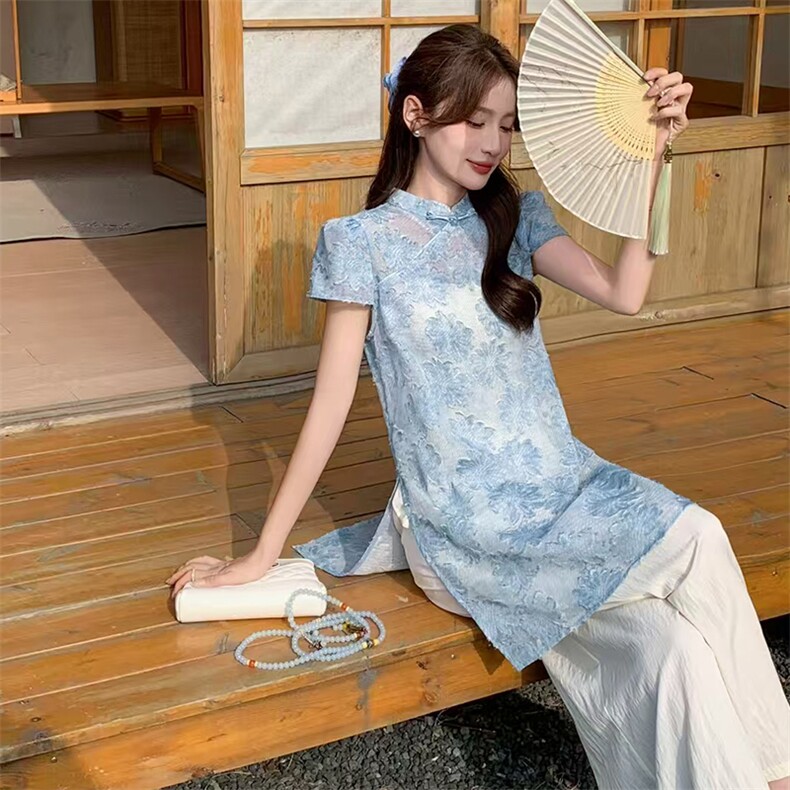 新中式国风套装女夏高级感复古提花时尚洋气减龄显瘦阔腿裤两件套,女装套装/套裙,玖莱伊