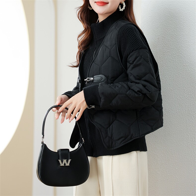 现货2024秋冬新款小众设计时尚简约毛线拼接棉马夹两件套，女装棉衣/棉服，深水步