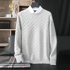 时尚男士双股麻花圆领羊毛衫经典蓝色修身款温暖舒适适合商务休闲，男装羊绒套衫，台绒羊绒