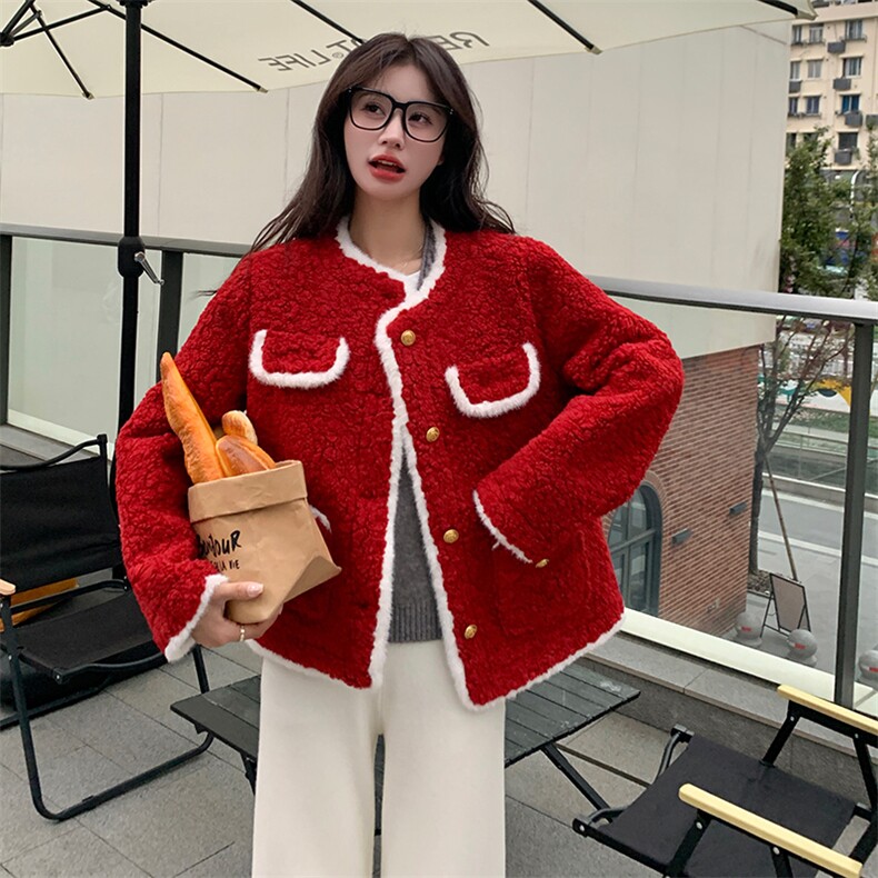 红色短款小香风羽绒服外套女2023冬季新款小个子皮毛一体毛绒上衣,女装短外套,2C085