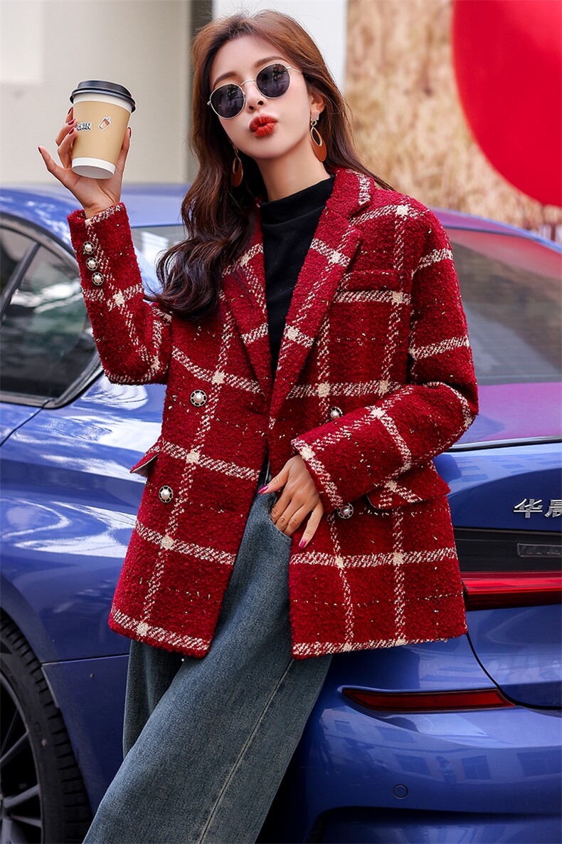羽绒内胆红色圣诞小香风毛呢外套女2023秋冬新款气质西装式大衣,女装羽绒服,曼娅璐