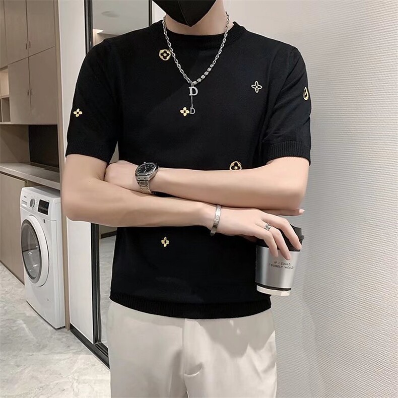 春夏青年刺绣针织短袖男潮流帅气男士网红半袖内搭半截袖T3322,男装T恤,星座1116A-2（原606A-1）