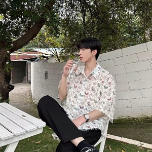 蓝色流苏蝴蝶短袖衬衫男款夏美式复古潮流设计感宽松百搭衬衣外套图片