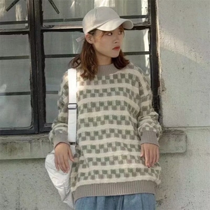 2025秋冬新款慵懒风套头格子毛衣男女宽松长袖加厚内搭针织上衣图片