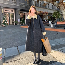灰色复古围巾双面羊毛大衣女2025冬季新款韩系慵懒风长款毛呢外套，女装羊绒大衣，2B109