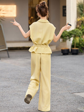 黄色绝美休闲套装裤女2025夏季新款系带收腰衬衫工装阔腿裤两件套，女装套装/套裙，韩宇舍