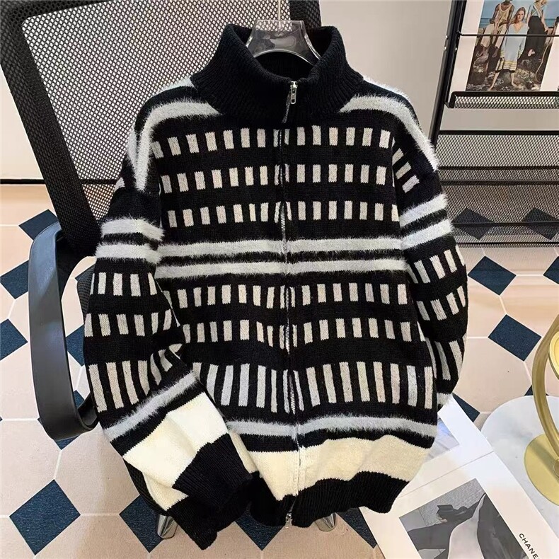 秋冬高级感撞色拉炼立领毛衣男女宽松韩系慵懒风加厚针织开衫外套，男装针织衫/毛衣，星座1013-1