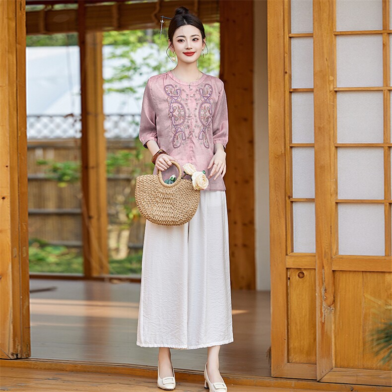 棉麻套装女绣花新款夏装搭配一整套中年妈妈阔腿裤装亚麻两件套,女装套装/套裙,衣之秀