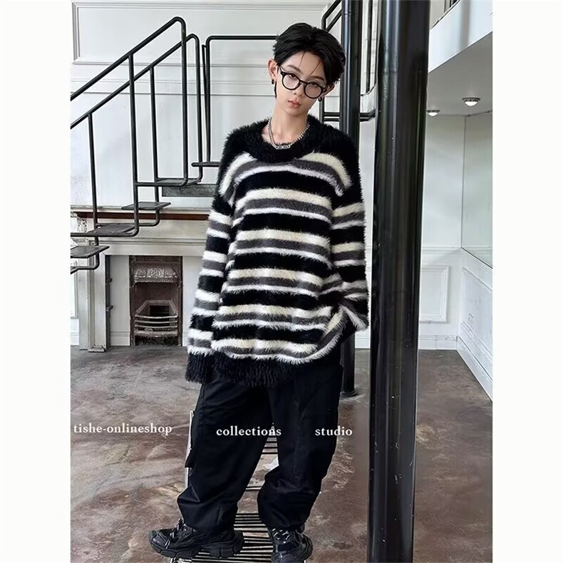 1506/QY3010/P53小众设计黑白条纹马海毛圆领毛衣,男装针织衫/毛衣,星座1506