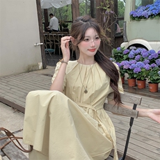 系绳腰带褶领泡泡袖显瘦遮肉连衣裙女夏2C276-L3455-P110-K155，女装连衣裙，2C276