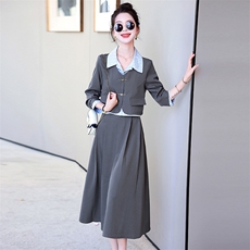 2025春装翻领条纹撞色两件套减龄气质套装裙，女装套装/套裙，施恩睿棋