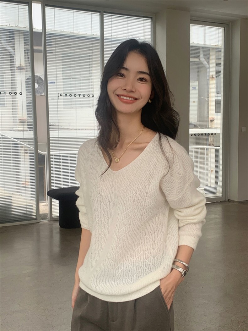 低圆领套头毛衣女针织秋冬休闲宽松打底衫图片
