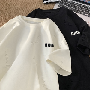 重磅提花开口笑破洞冰丝美式短袖B386-DB73-批40-控68图片