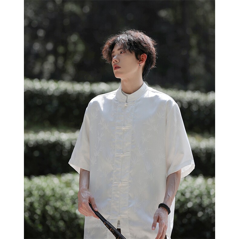 新中式！夏季新款五分袖宽松大码竹叶衬衫A021-CS9898-P65-控88图片