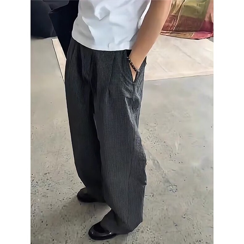 夏季格纹TR混纺立体剪裁A字版型双褶阔腿休闲可调节腰头通勤长裤,男装休闲裤,星座506A